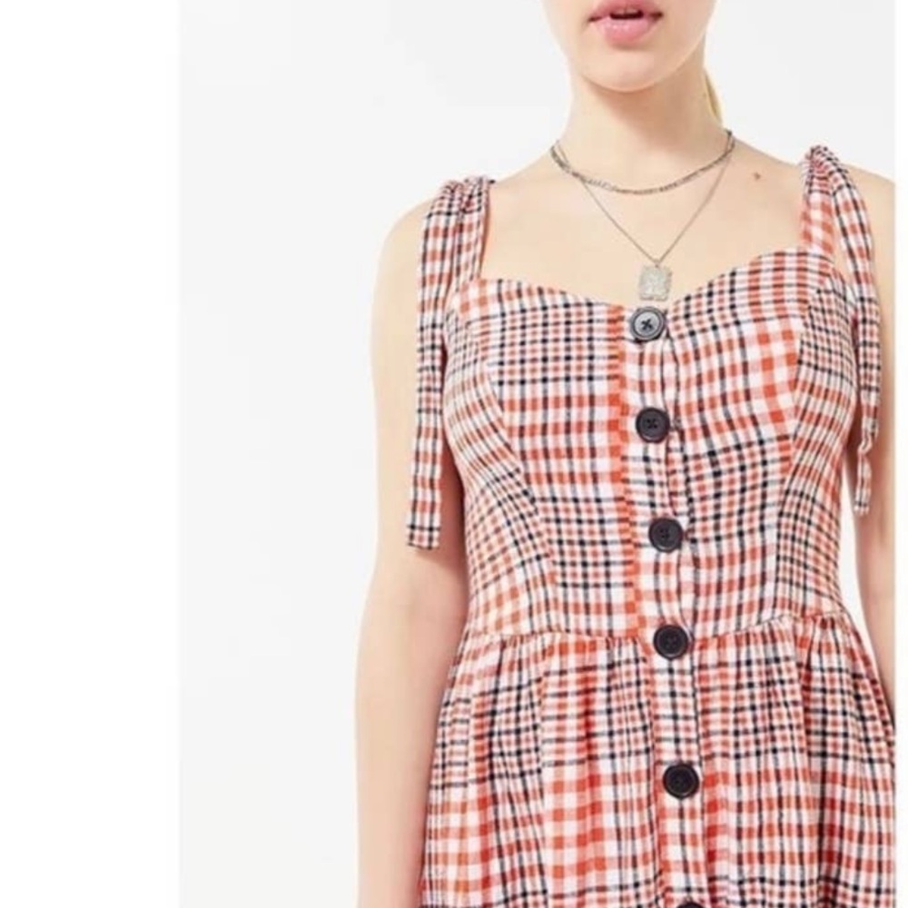 UO Plaid Positano Linen Apron Midi Dress - Picture 3 of 14